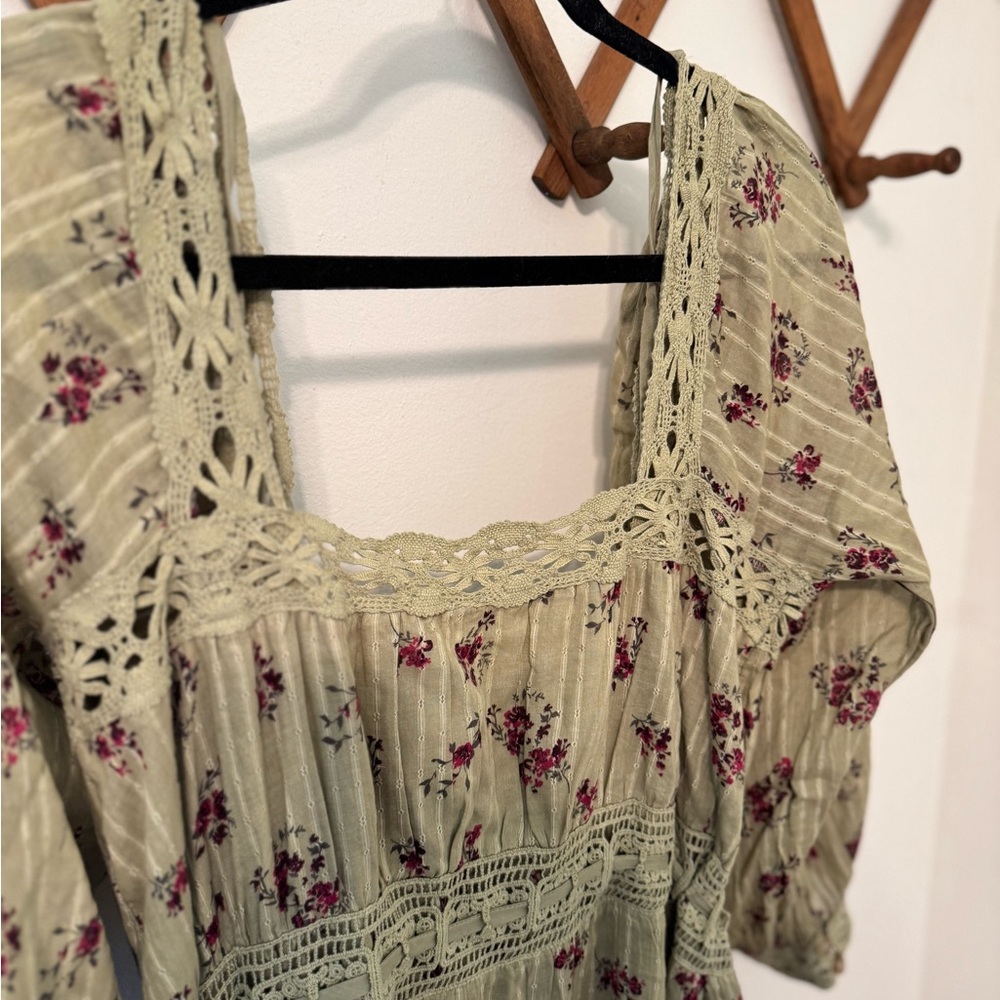Free People Sage Green Floral Lace-Trim Midi Dress - Picture 6 of 7